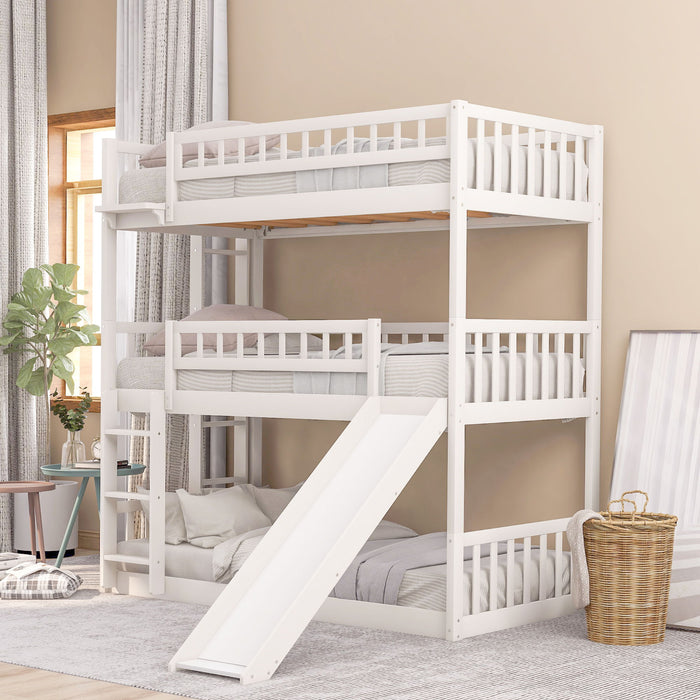 Kids Furniture - Triple Bed With Built-In Ladder And Slide, Triple Bunk Bed With Guardrails