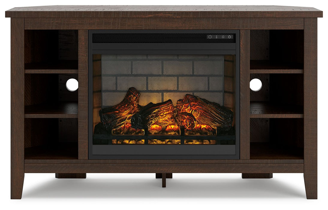 Camiburg - Warm Brown - Mueble esquinero para TV con inserto para chimenea de ladrillo refractario sintético