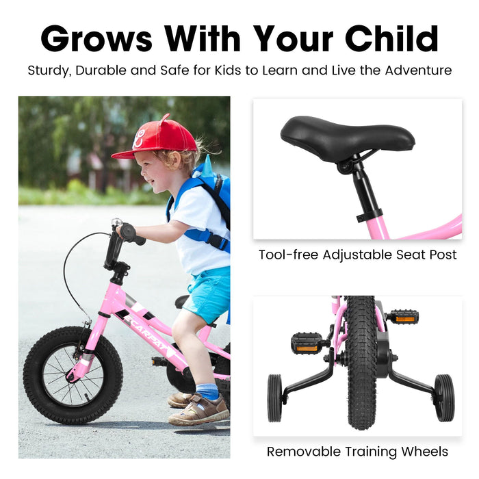 A12117 Kids' Bike 12" Wheels, 1 Speed Boys Girls Child Bicycles For 2 - 3 Years, With Removable Training Wheels Baby Toys, Front V Brake, Rear Holding Brake - Pink