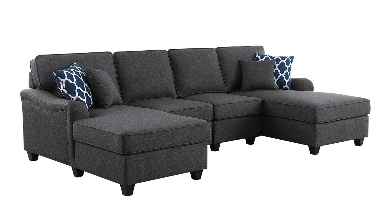 Leo -Linen Double Chaise 4 Piece Modular Sectional Sofa - Dark Gray