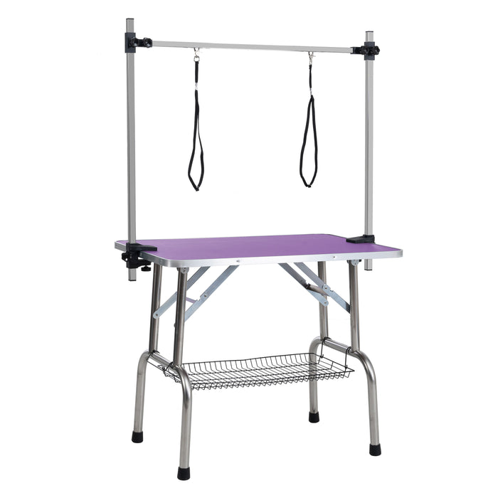 Folding Dog Pet Grooming Table Stainless Steel Frame Rubber Mat On Board With Adjustable Arm And Clamps Pet Dog Cat Grooming Table - Purple