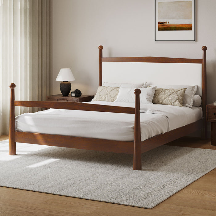 Mid-Century Modern Solid Pine Platform Bed With Upholstered Headboard, No Box Spring Needed