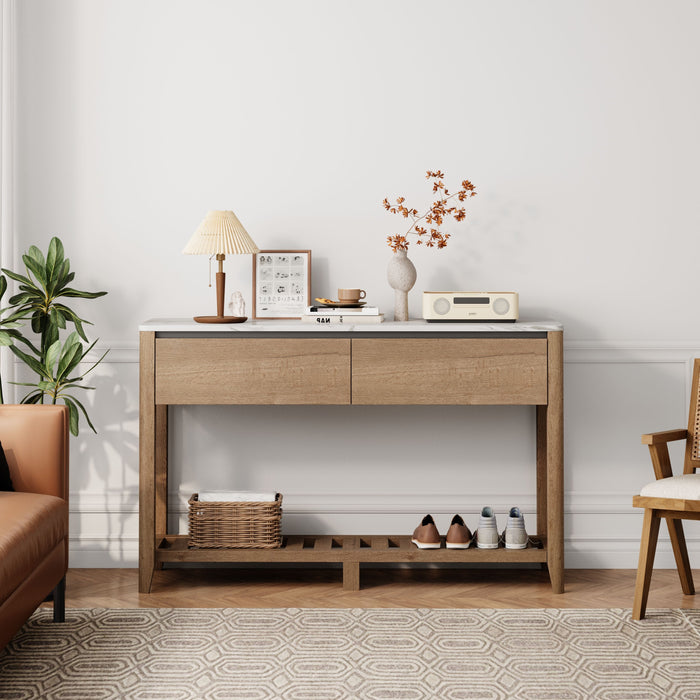 Modern Farmhouse Double Drawers Console Table For Living Room Or Entryway, Tobacco Wood And White Marble Texture