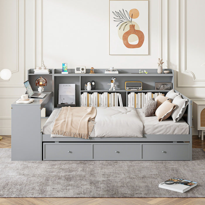 Full Size Wooden Daybed With 3 Drawers, USB Ports And Desk - Gray