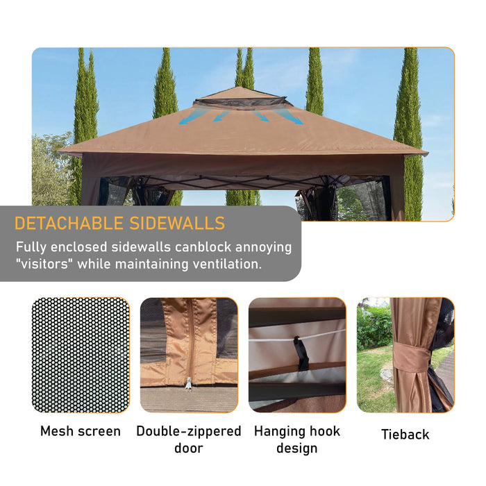 Outdoor 11X 11Ft Pop Up Gazebo Canopy With Removable Zipper Netting, 2 Tier Soft Top Event Tent, Suitable For Patio Backyard Garden Camping Area With 4 Sandbags - Brown