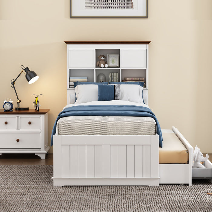 3 Pieces Wooden Captain Bedroom Set Twin Bed With Trundle, Nightstand And Dresser - White / Walnut