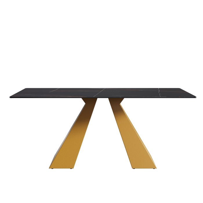 70.87" Modern Artificial Stone Straight Edge Golden Metal Leg Dining Table, Can Accommodate 6-8 People - Black / Gold