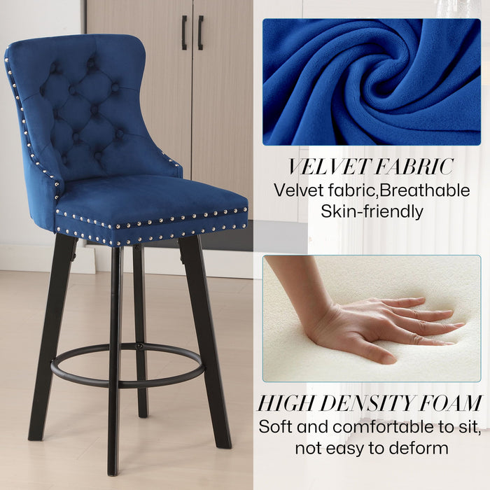 Ys - Modern Swivel Bar Stools Velvet Barstools Button Tufted Bar Stools Rivet Trim Bar Stools For Kitchen Island, Bistro, With Metal Pull Ring Sturdy Footrest Large Backrest For Home Bar - Blue