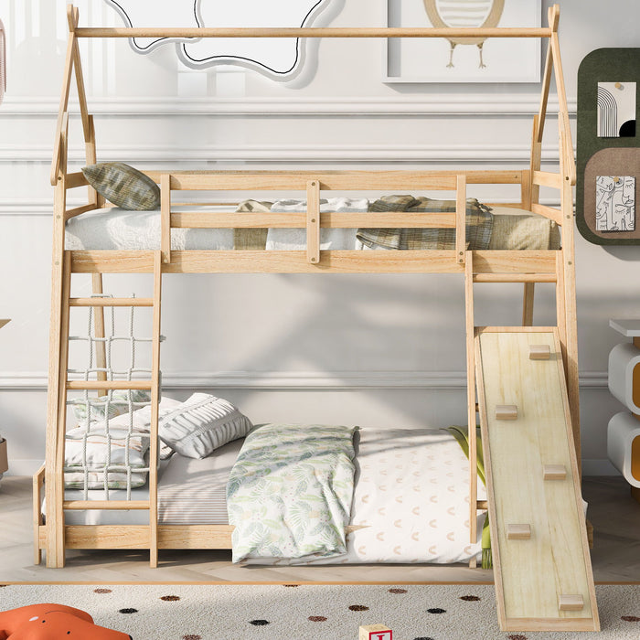 Kids Furniture - House Bunk Bed With Climbing Nets And Climbing Ramp