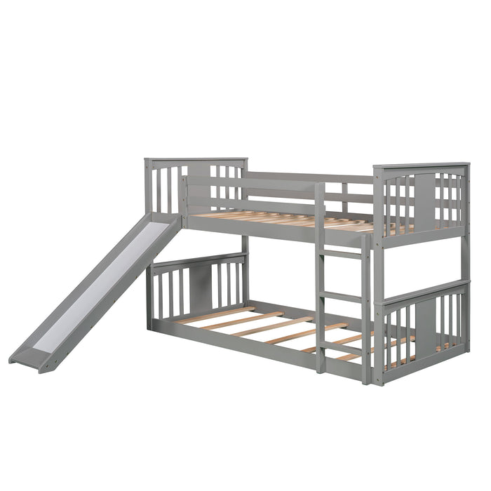 Twin Over Twin Bunk Bed With Slide And Ladder  - Gray