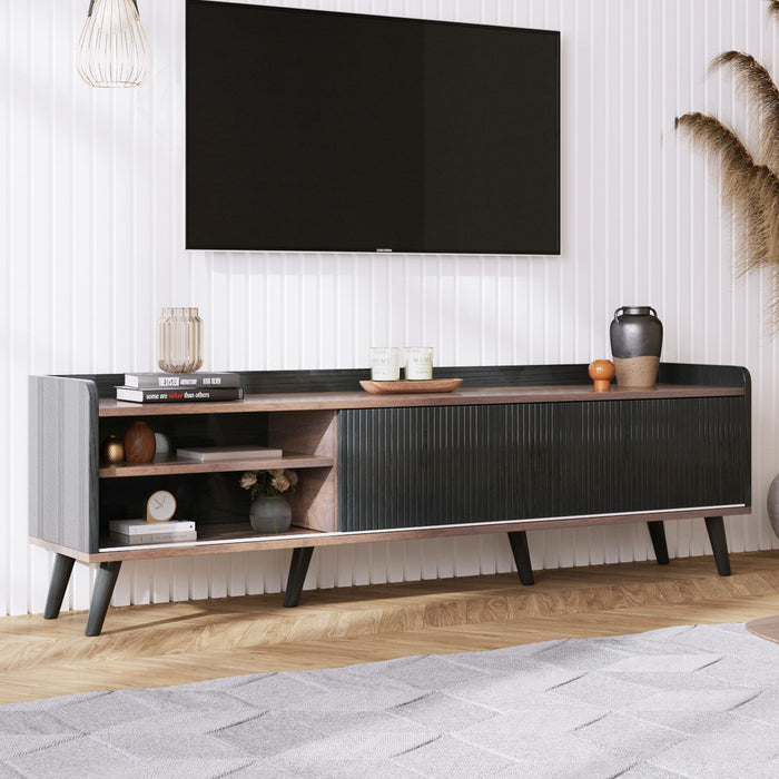 Mid Century TV Stand With 2 Cabinets & Open Compartments, Entertainment Center For Tvs Up To 70'', Television Console For Living Room - Dark Coffee / Black