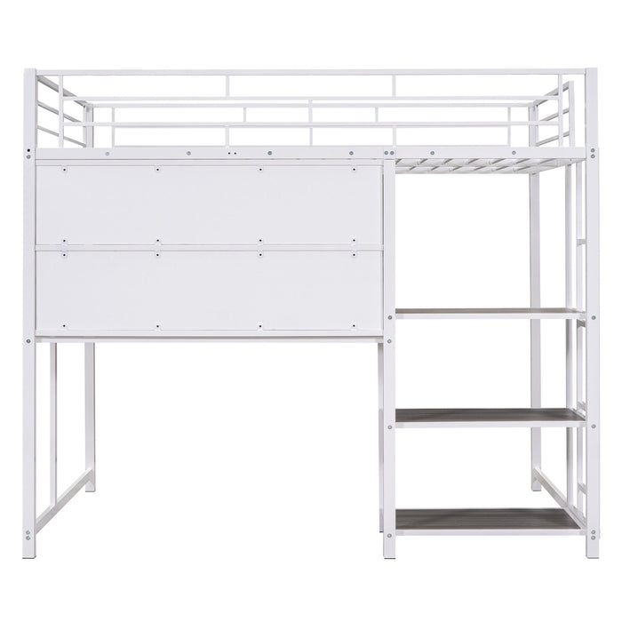 Full Size Loft Bed With Desk And Whiteboard, Metal Loft Bed With 3 Shelves And Ladder - White