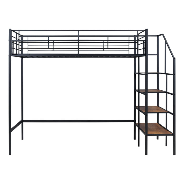 Loft Bed With Upper Grid Storage Shelf And Lateral Storage Ladder