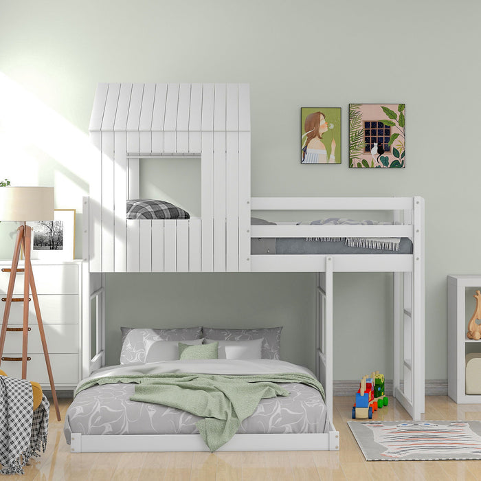 Wooden Twin Over Full Bunk Bed, Loft Bed With Playhouse, Farmhouse, Ladder And Guardrails - White