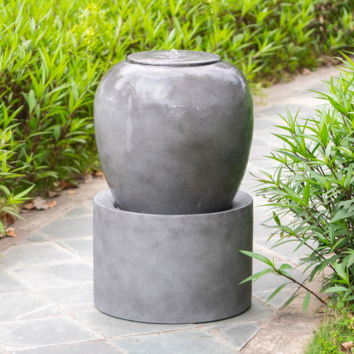 Heavy Outdoor Cement Fountain, Cute Unique Urn Design Water Feature For Home Garden, Lawn, Deck & Patio