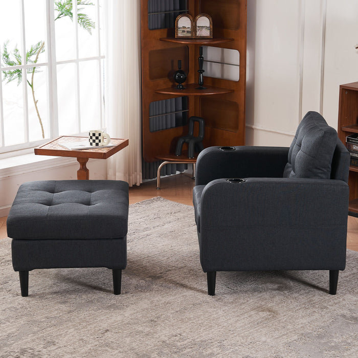 Upholstered Armchair And Storage Ottoman Set, Comfortable Single Sofa With Cup Holders And Tufted Detailing, Ideal For Living Room Or Bedroom - Dark Gray