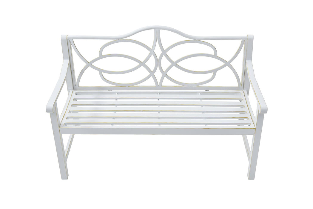 Outdoor Garden Patio Bench With Backrest And Armrest, Slatted Seat For Park, Yard & Porch, Balcony, Accommodates 2 - 3 People - White