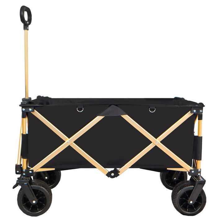 Aluminum Alloy Folding Wagon, Heavy Duty Utility Beach Wagon Cart For Sand With Big Wheels, Adjustable Handle & Drink Holders For Shopping, Camping, Garden And Outdoor - Black