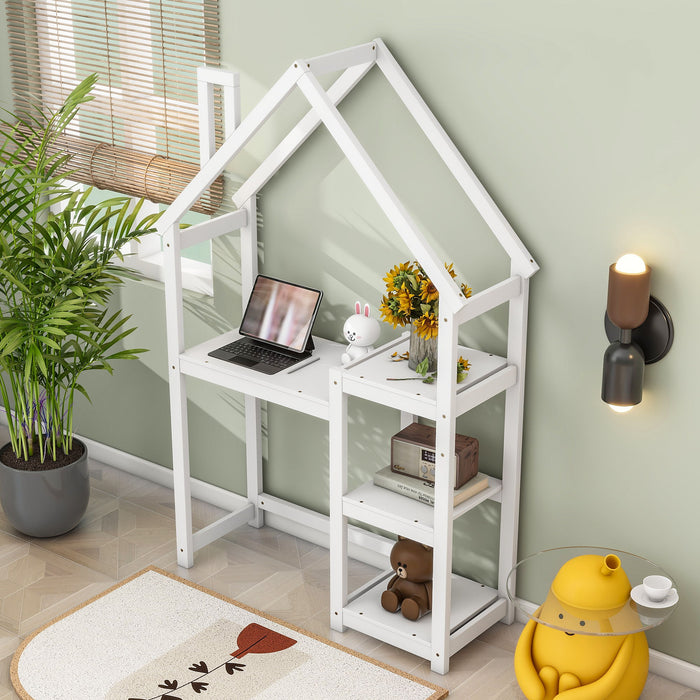 House-Shaped Wooden Writing Desk, Kids Study Table, Bookshelf & Toy Storage