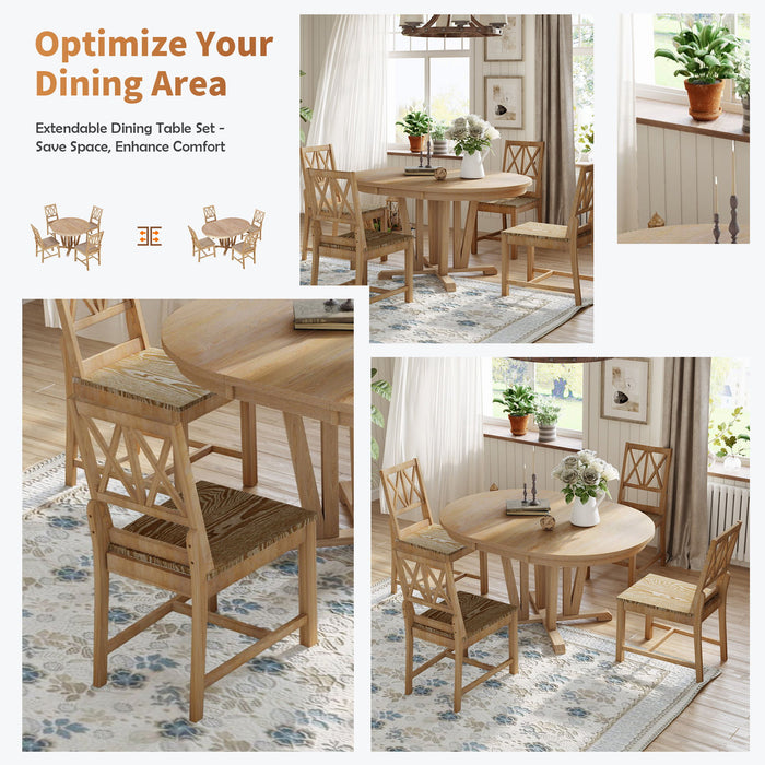 Topmax - 5 Piece Rustic Extendable Dining Table Set Round Trestle Table And 4 Cross Back Dining Chairs For Kitchen, Dining Room