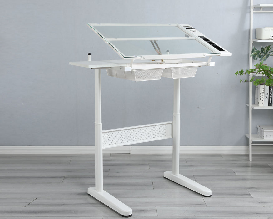 Hand Crank Adjustable Drafting Table Drawing Desk With 2 Metal Drawers With Stool - White