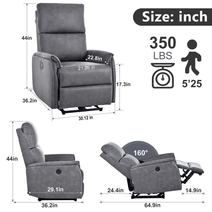 Electric Power Recliner Chair, Reclining Chair For Bedroom Living Room, Small Recliners Home Theater Seating, With USB Ports, Recliner For Small Space, Dark Gray