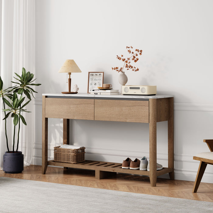 Modern Farmhouse Double Drawers Console Table For Living Room Or Entryway, Tobacco Wood And White Marble Texture