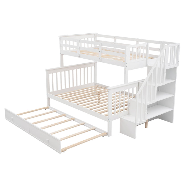 Stairway Twin Over Full Bunk Bed With Twin Size Trundle, Storage And Guard Rail For Bedroom, Dorm For Adults - White