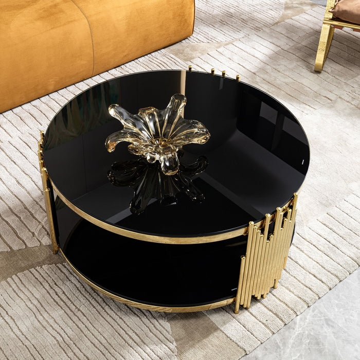 Double Layer Tempered Glass Top Stainless Steel Round Coffee Table For Living Room - Gold / Black