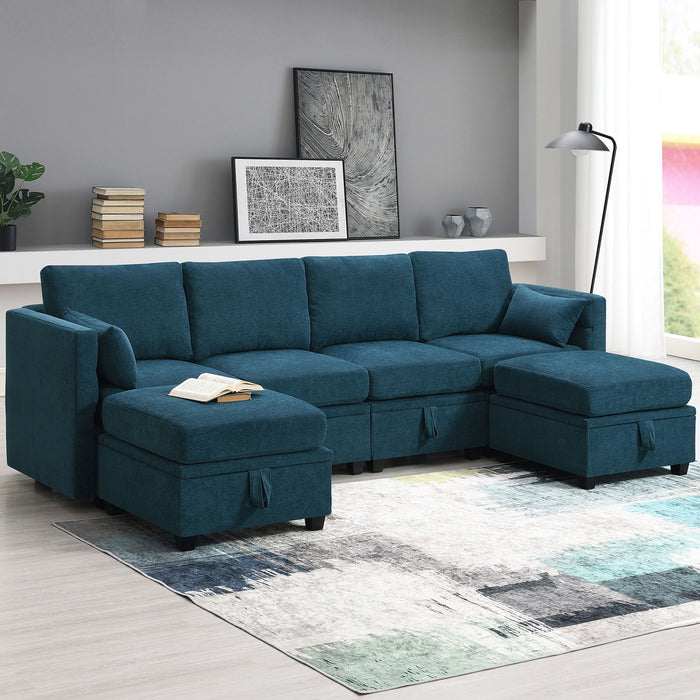 Chenille Modular Sectional Sofa, U Shaped Couch With Adjustable Armrests And Backrests, 6 Seat Reversible Sofa Bed With Storage Seats For Living Room, Apartment