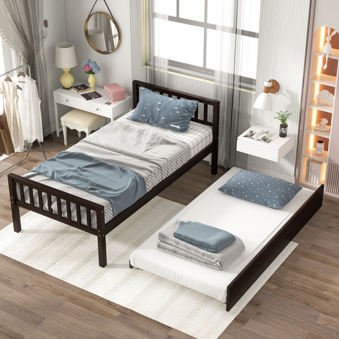 Twin Bed With Trundle, Platform Bed Frame With Headboard And Footboard, For Bedroom Small Living Space, No Box Spring Needed