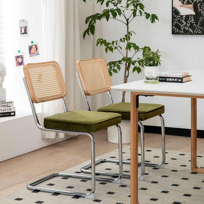 Dining Chairs (Set of 2), Velvet Rattan Side Accent Chairs With Chrome Legs, Modern Mid-Century Breuer Designed Chairs, Upholstered Dining Living Room Kitchen Chairs