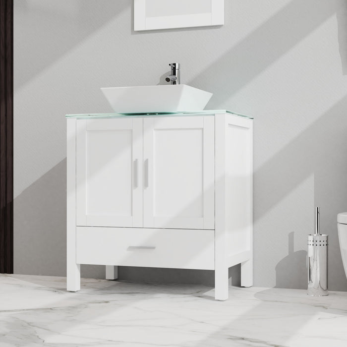 Bathroom Vanity And Sink Combo Glass Top Cabinet With Mirror - White