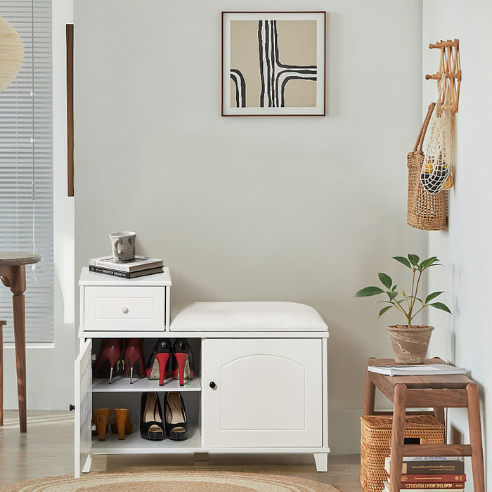 White Shoe Storage Bench Cabinet With Fireproof PU Cushion, Double Doors And Movable Drawer Wood For Door Entrance