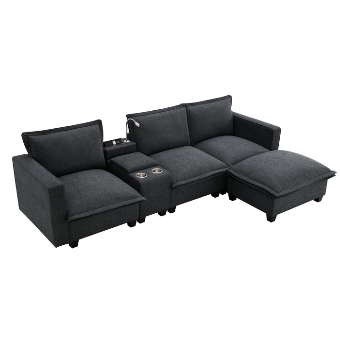 Modern Sectional Cloud Sofa With Console USB Charger Reading Light Cup Holder, Wide Seat 4 Seat Modular Couch Storable Indoor Funiture