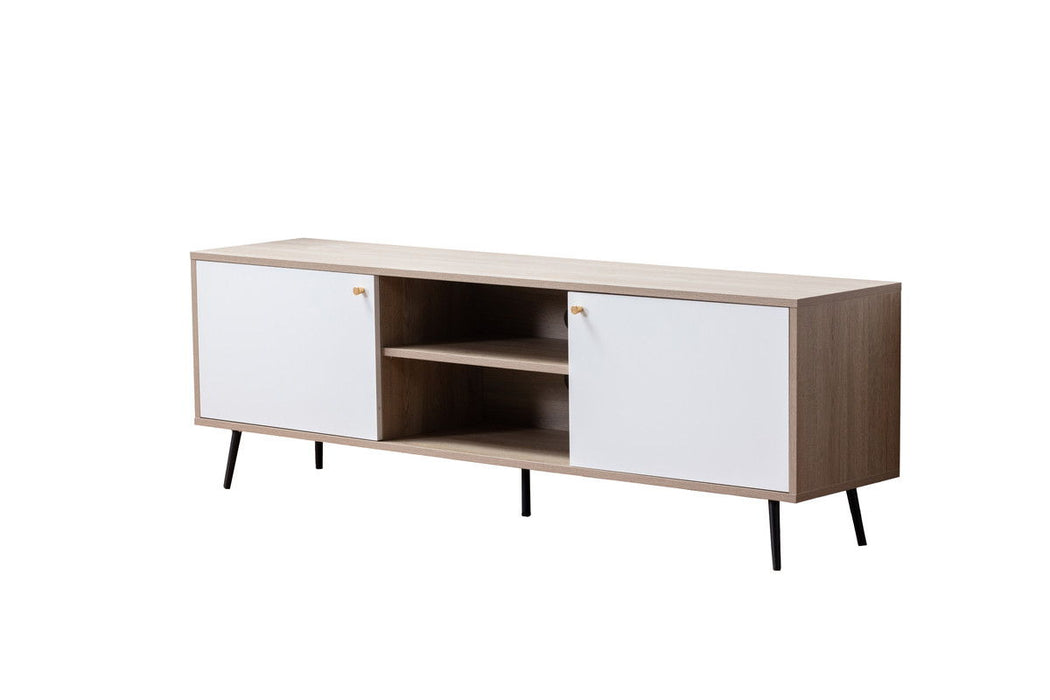 Aurora - Wood Finish TV Stand With 2 White Cabinets And Modular Shelves - Light Brown