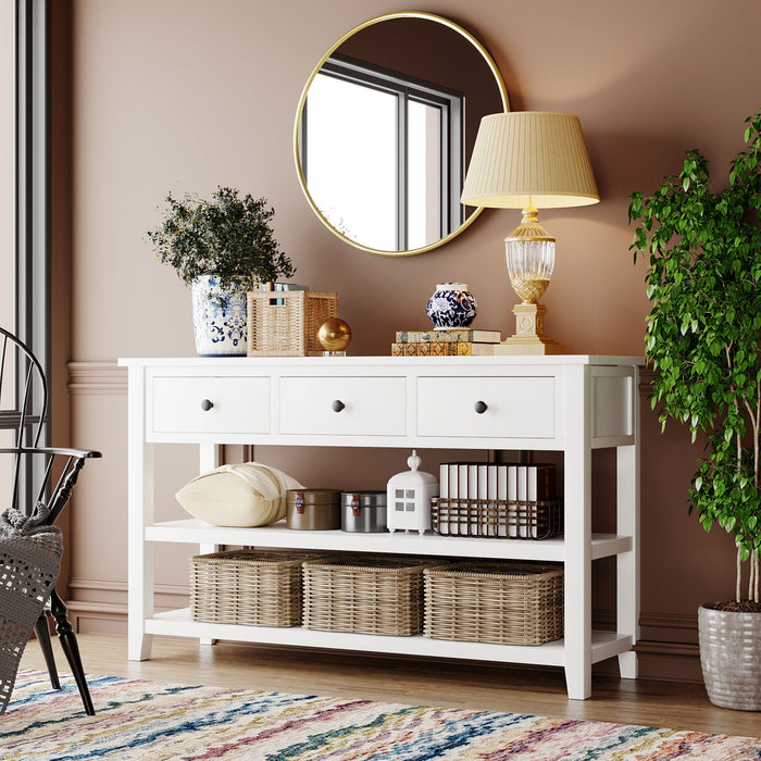 Retro Design Console Table With Two Open Shelves, Pine Frame And Legs For Living Room