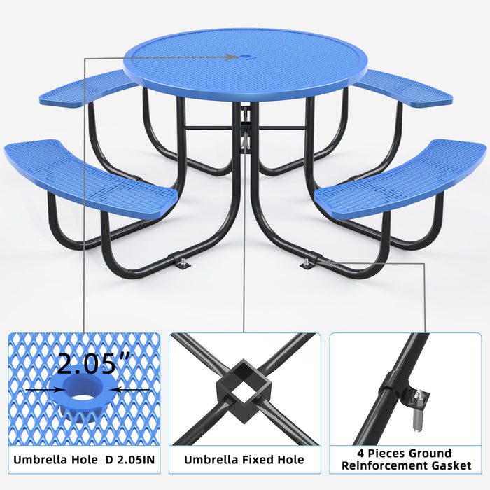 Outdoor Steel Picnic Round Table With Umbrella Pole - Blue