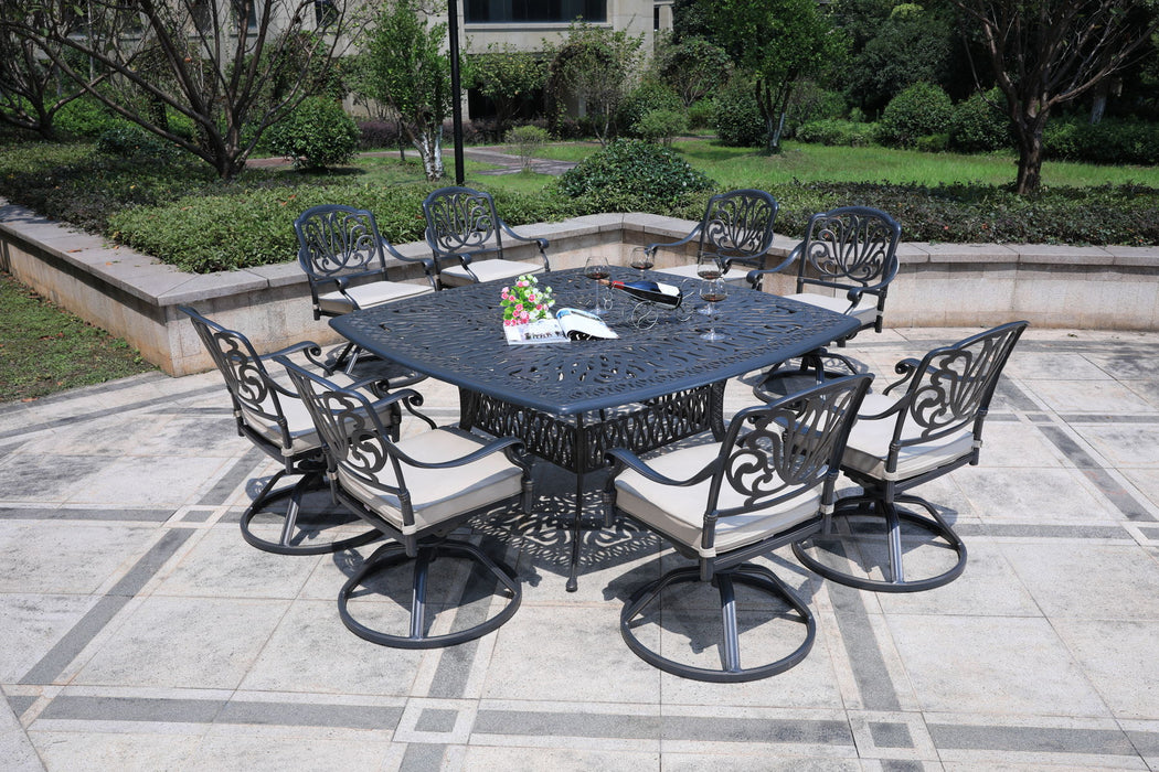 Square 8 Person 64" Long Aluminum Dining Set With Cushions
