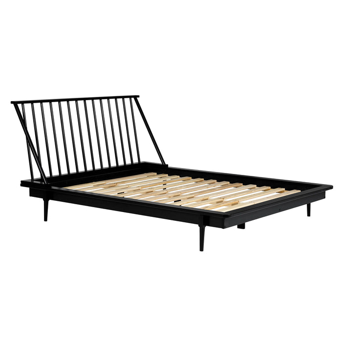 Mid-Century Modern Solid Wood Platform Bed Frame With Spindle Headboard