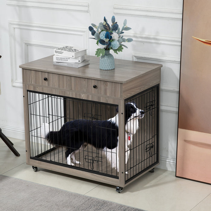 Dog Crate Furniture, Wooden Dog Crate End Table, 38.4" Dog Kennel With 2 Drawers Storage, Heavy Duty Dog Crate, Decorative Pet Crate Dog Cage For Large Indoor Use