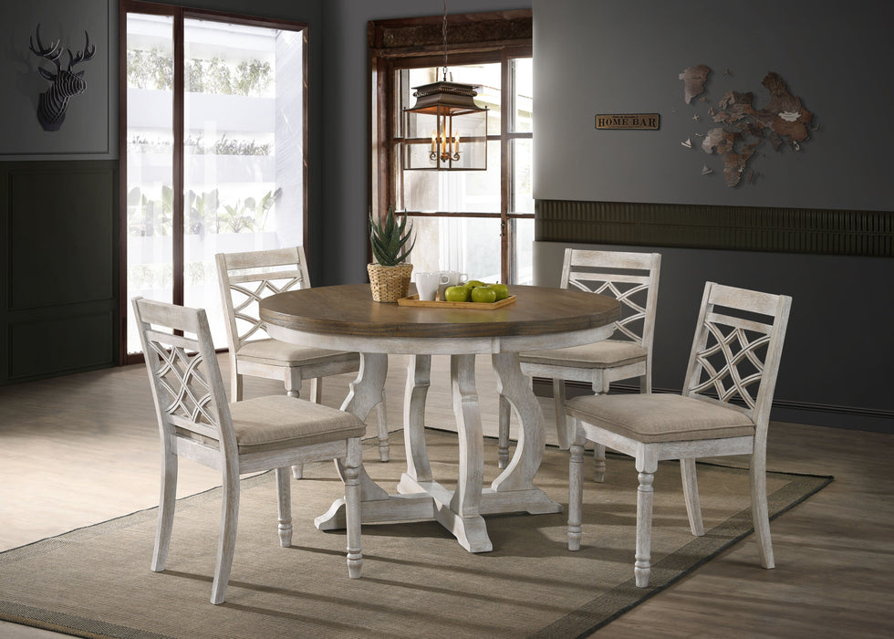Havanna - 5 Piece Wide Contemporary Round Dining Table With Off White Fabric Chairs (Set of 5) - Vintage Walnut