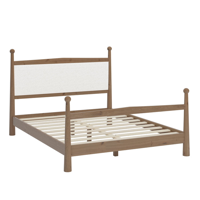 Mid-Century Modern Solid Pine Platform Bed With Upholstered Headboard, No Box Spring Needed