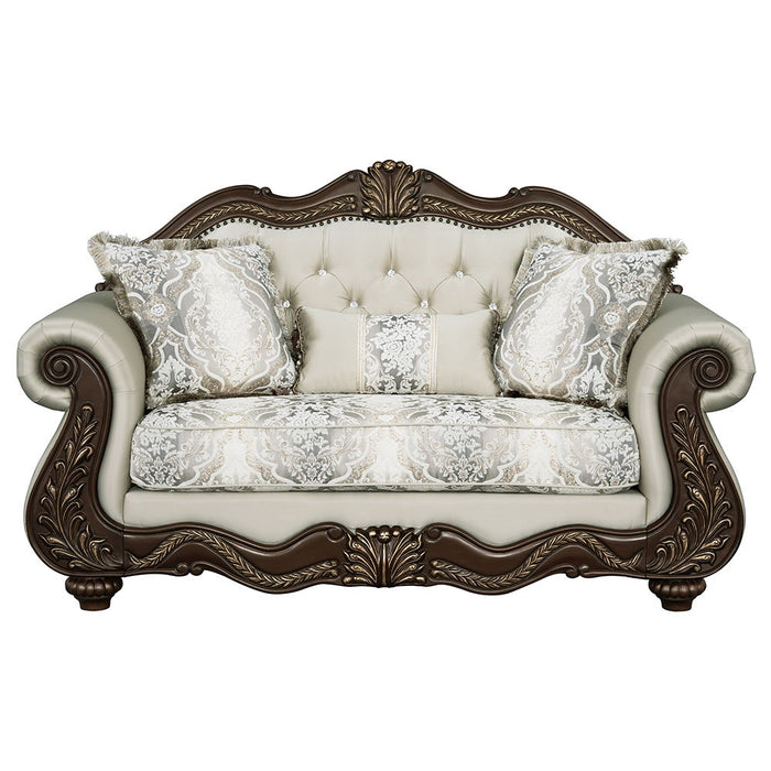 Pierce - Loveseat With 3 Pillows - Beige Fabric & Cherry Finish