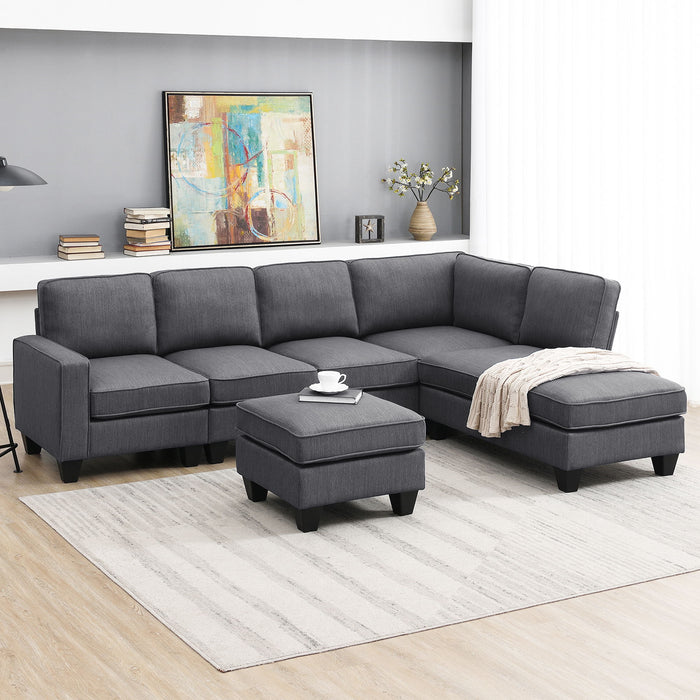 Modern L-Shaped Sectional Sofa, 7-Seat Linen Fabric Couch Set With Chaise Lounge And Convertible Ottoman For Living Room, Apartment, Office