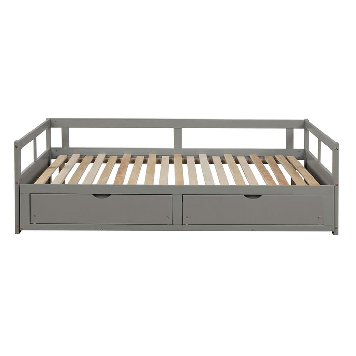 Wooden Daybed With Trundle Bed And Two Storage Drawers, Extendable Bed Daybed, Sofa Bed For Bedroom Living Room - Gray