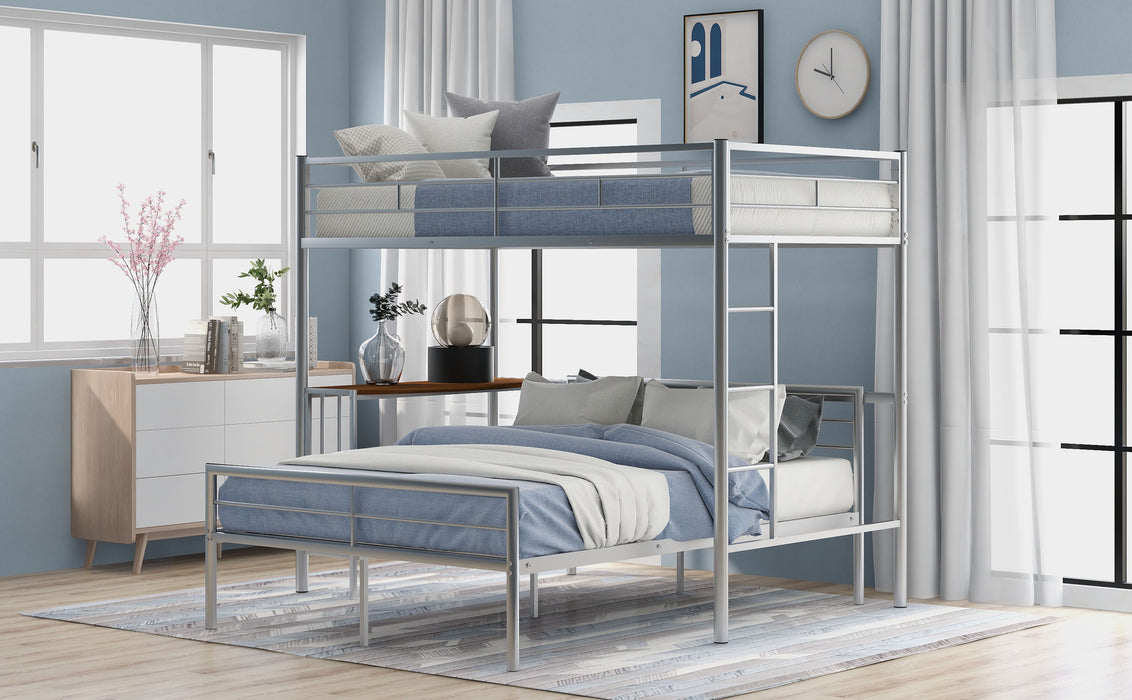 Twin Over Full Metal Bunk Bed With Desk, Ladder And Quality Slats For Bedroom - Metallic Silver
