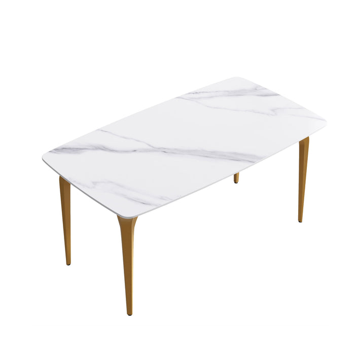 63" Modern Artificial Stone Curved Golden Metal Leg Dining Table, 6 People - White / Gold