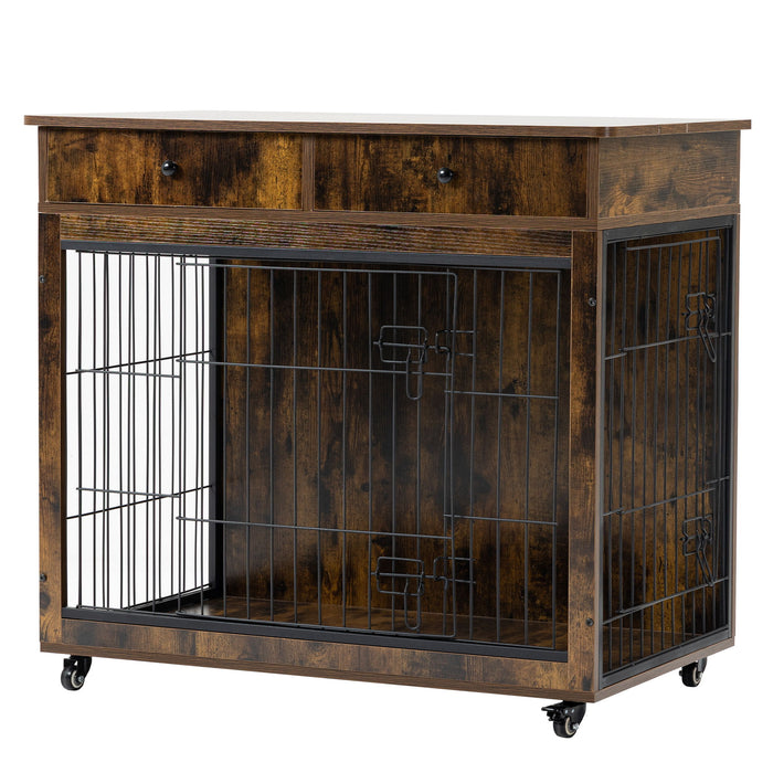 Dog Crate Furniture, Wooden Dog Crate End Table, 38.4" Dog Kennel With 2 Drawers Storage, Heavy Duty Dog Crate, Decorative Pet Crate Dog Cage For Large Indoor Use