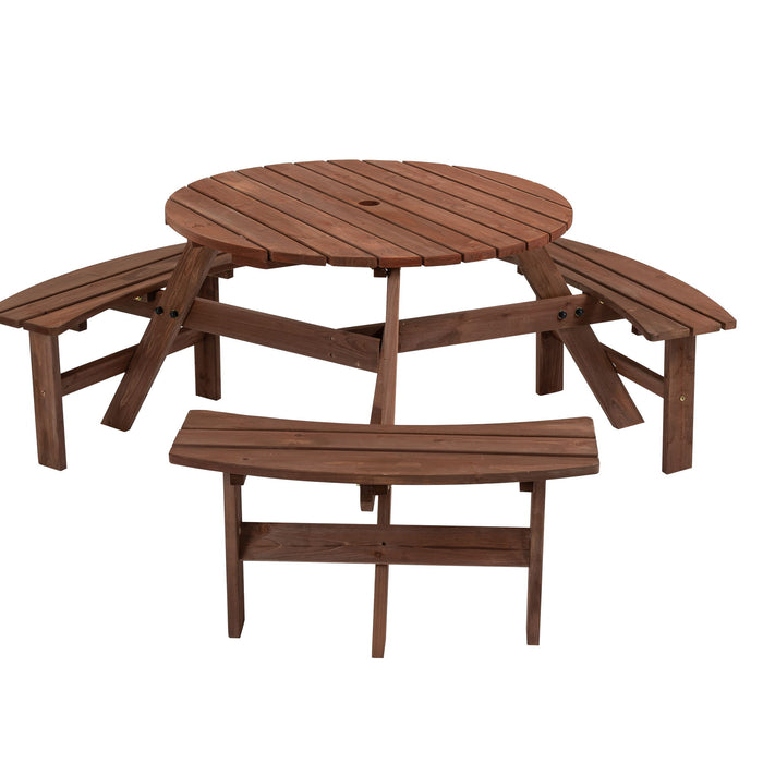 6 Person Circular Outdoor Wooden Picnic Table For Patio, Backyard, Garden, Diy With 3 Built-In Benches, 1720Lb Capacity - Brown